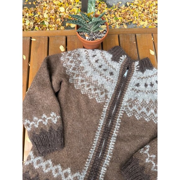 70s Icelandic Wool Lopapeysa Hand Made Lopi Cardigan Nordic Fair Isle Brown Ivor - Picture 3 of 9